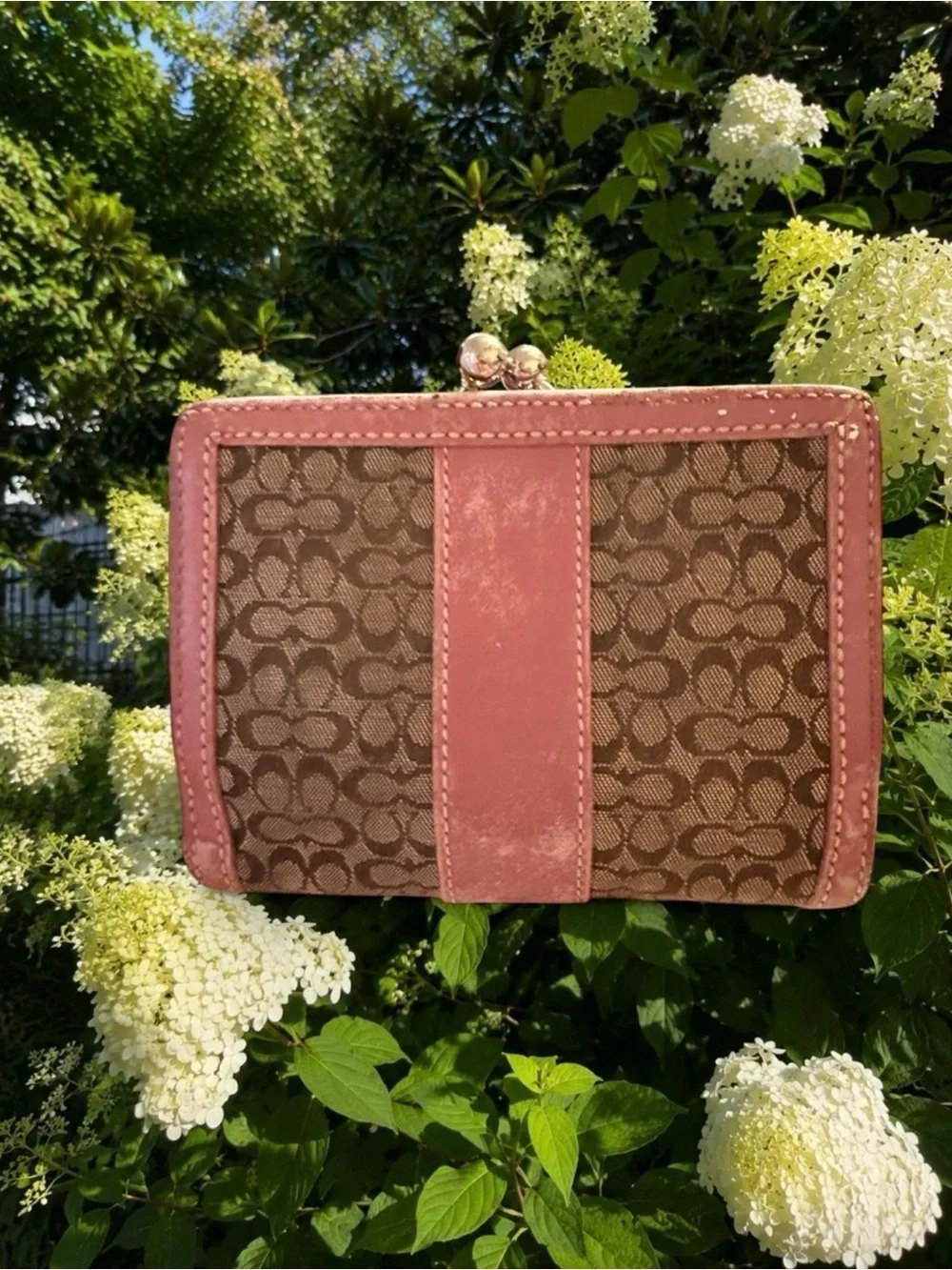 Coach Brown Signature Canvas Wallet with Pink Trim